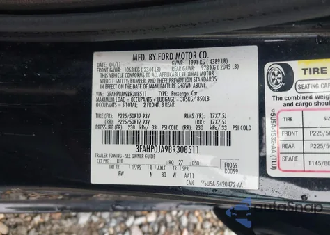 2011 Ford Fusion Sel z USA, uszkodzony, nr VIN 3FAHP0JA9BR308511